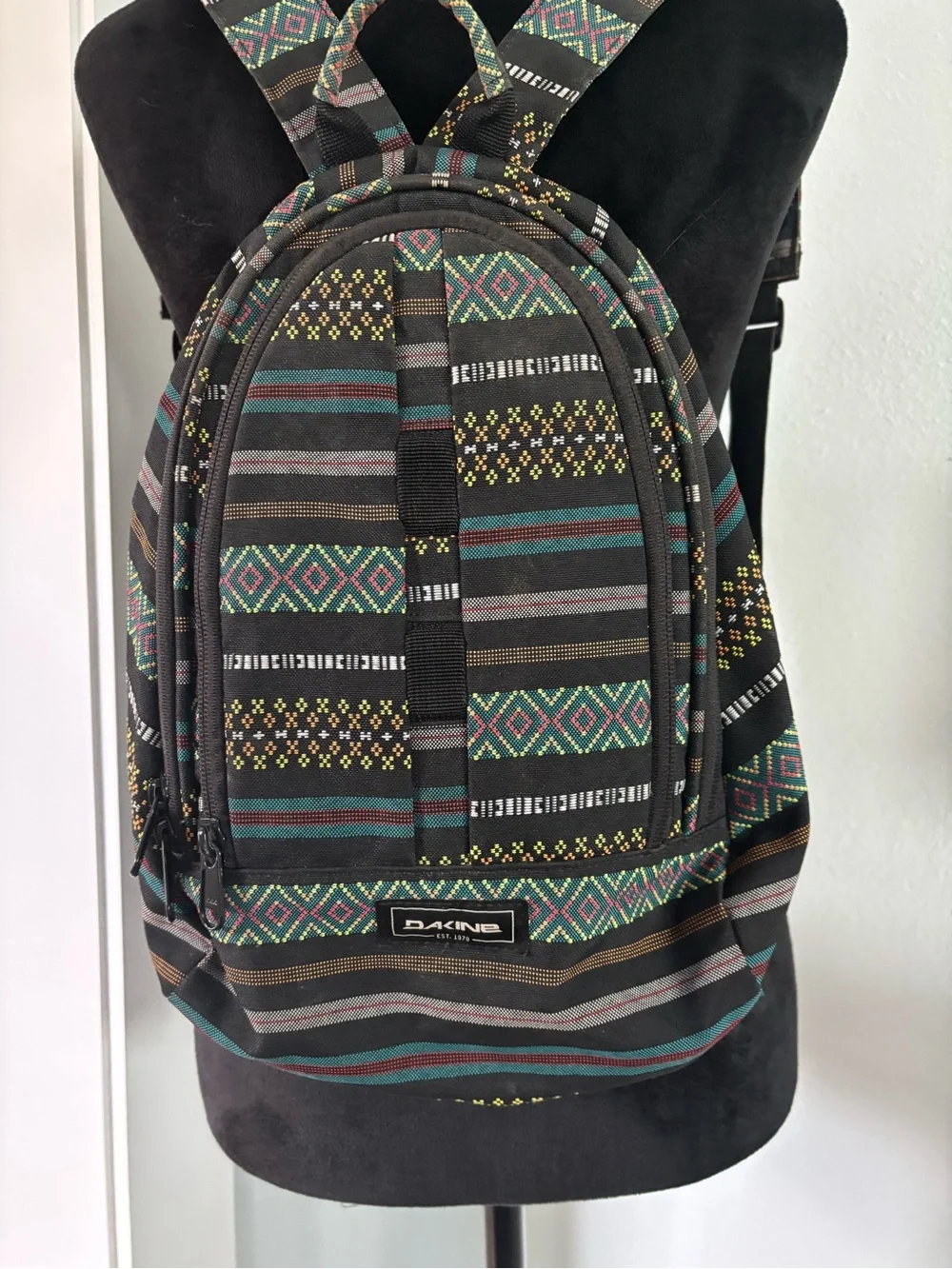 Dakine Cosmo 6.5L Multi-Stripe Patterned Mini Backpack in Teal, Black & Gray